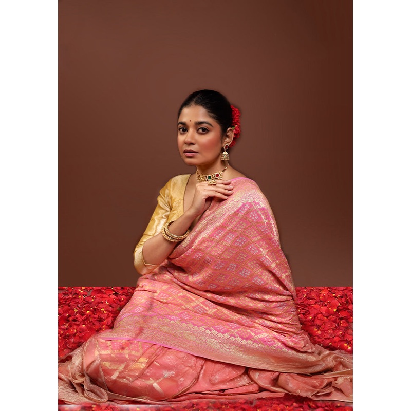 Pink Handloom Pure Georgette Saree With Blouse Piece - JD986595974