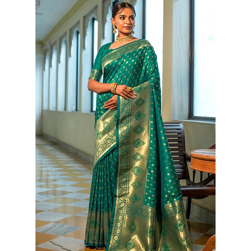Rama Green Spun Silk Saree With Blouse Piece - JD986596138