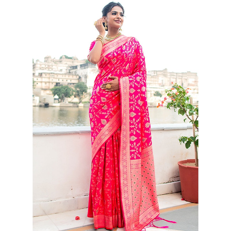 Rani Pink Spun Silk Saree With Blouse Piece - JD986596125