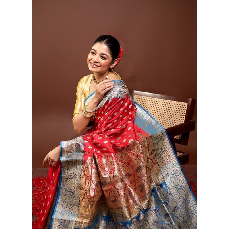 Red Handloom Banarasi Pure Silk Saree With Blouse Piece - JD986595967