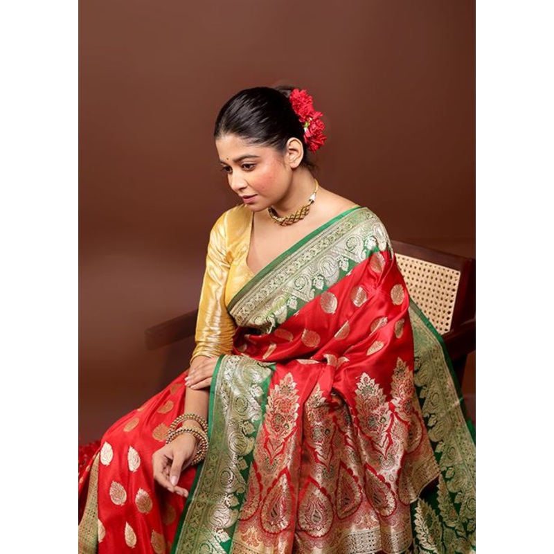 Red Handloom Banarasi Pure Silk Saree With Blouse Piece - JD986595968