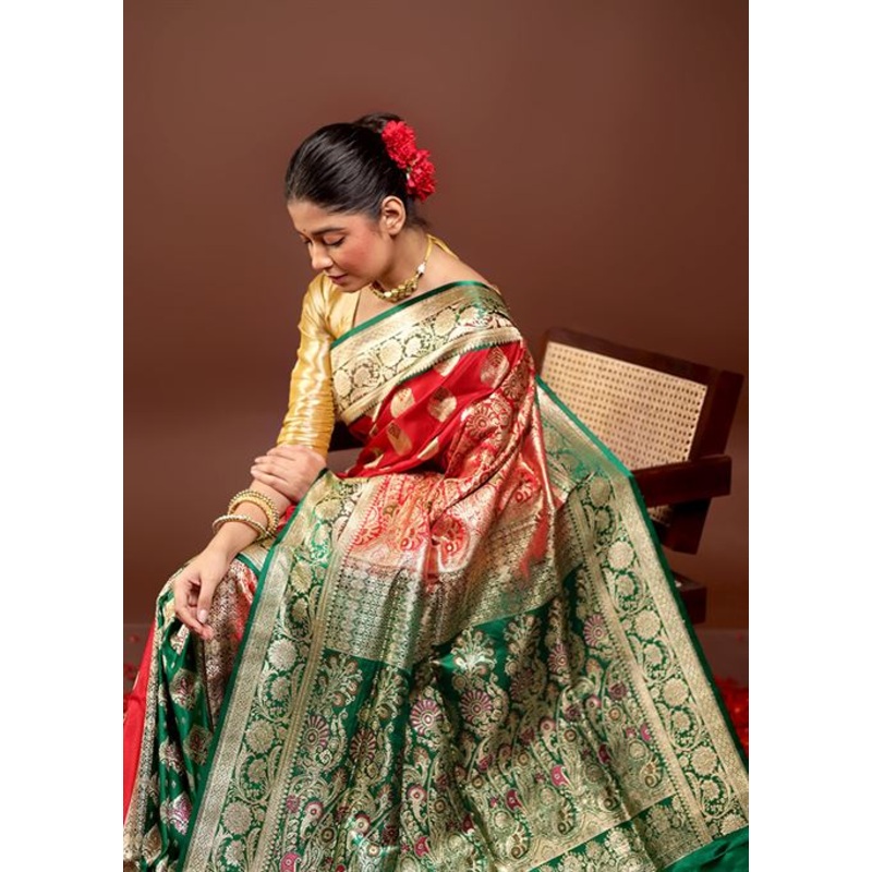 Red Handloom Banarasi Pure Silk Saree With Blouse Piece - JD986595969