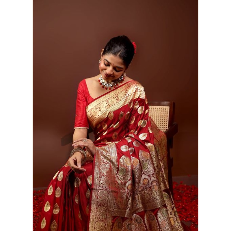 Red Handloom Banarasi Pure Silk Saree With Blouse Piece - JD986595970