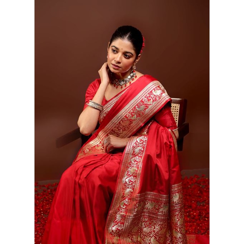 Red Handloom Banarasi Pure Silk Saree With Blouse Piece - JD986595971