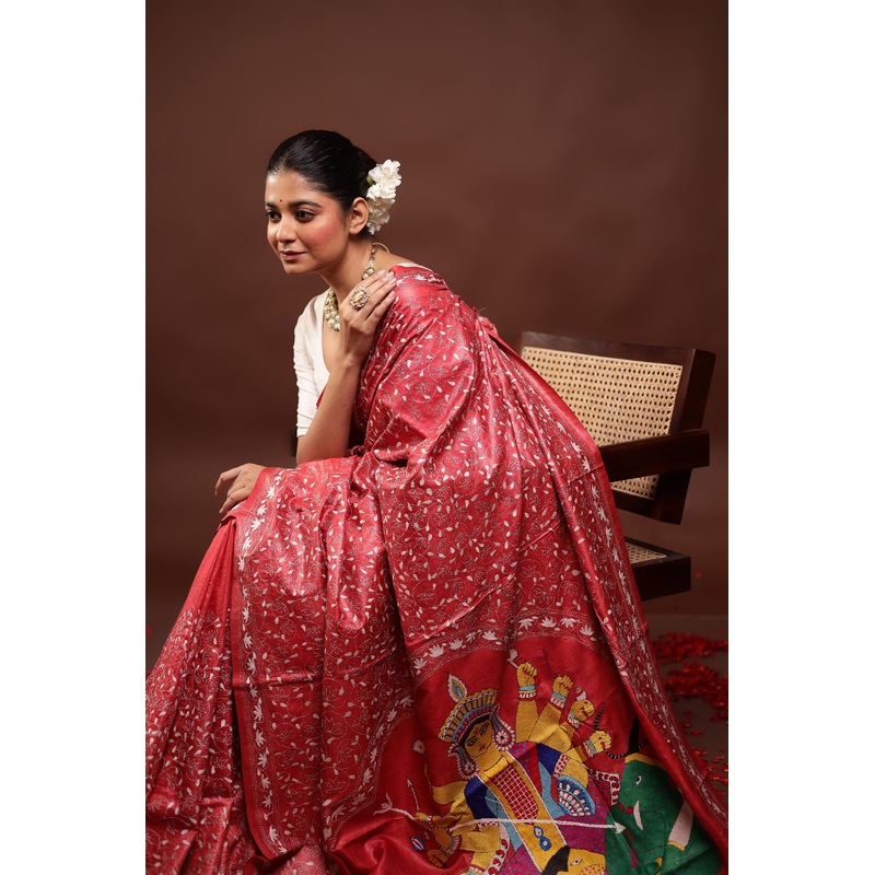 Red Handloom Kantha Stitch Pure Silk Saree With Blouse Piece - JD986595965