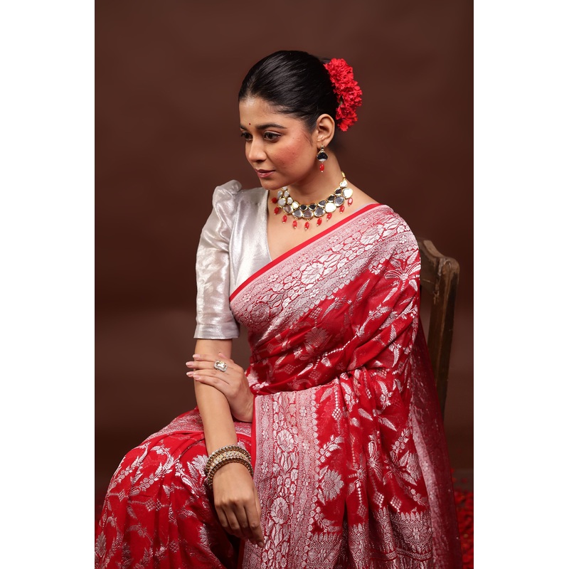 Red Handloom Pure Georgette Saree With Blouse Piece - JD986595963