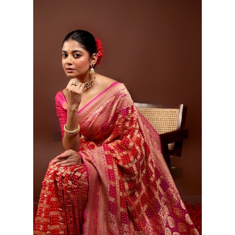 Red Handloom Pure Georgette Saree With Blouse Piece - JD986595964
