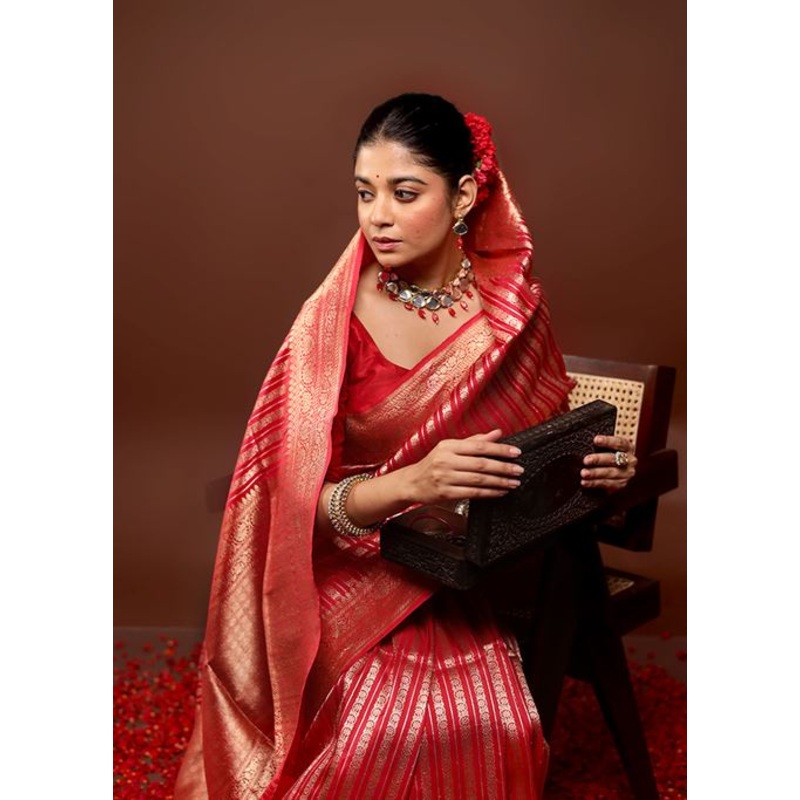Red Handloom Uppada Pure Silk Saree With Blouse Piece - JD986595962