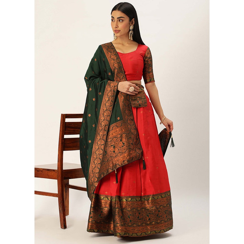 Red Silk Semi Stitched Lehenga Set - JD986596024