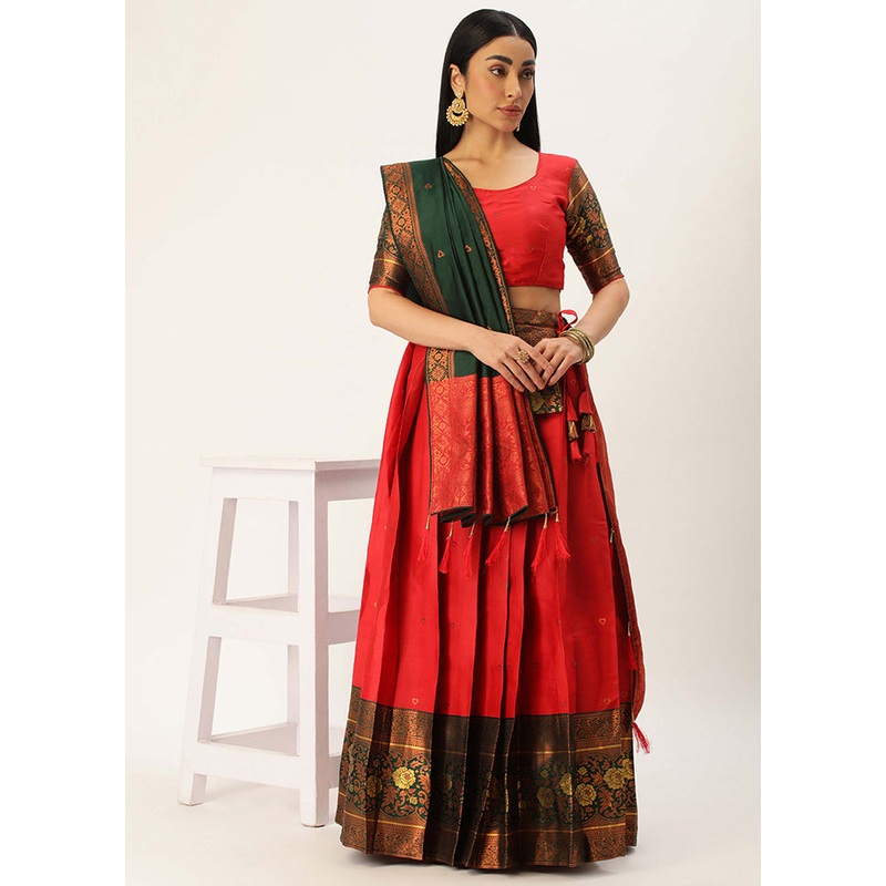 Red Silk Semi Stitched Lehenga Set - JD986596025