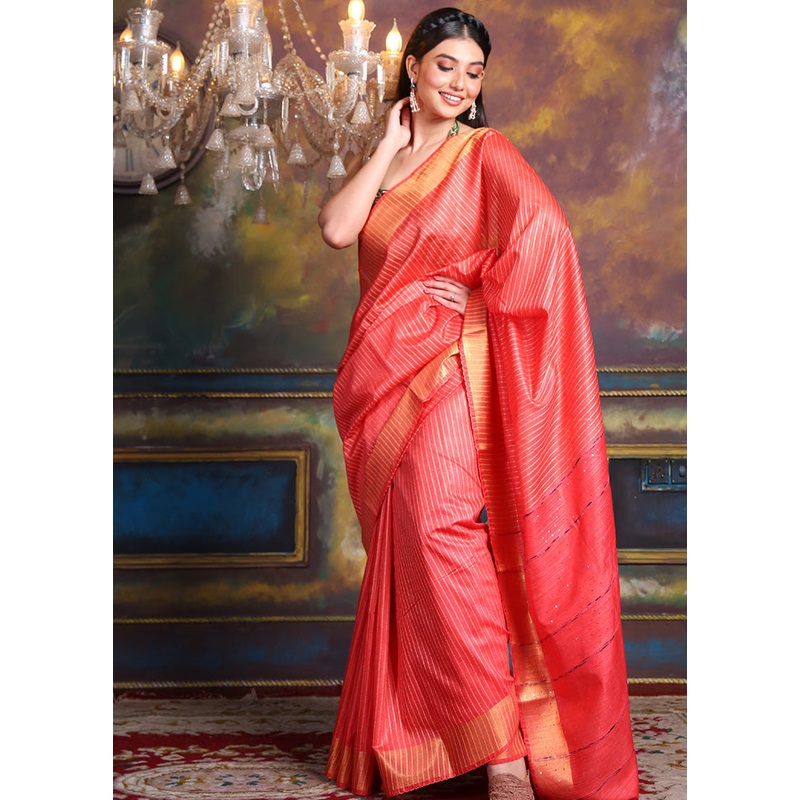 Red Spun Silk Saree With Blouse Piece - JD986596088