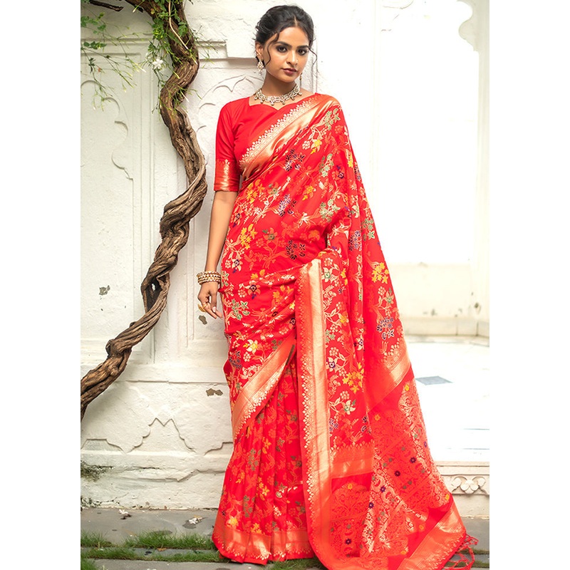 Red Spun Silk Saree With Blouse Piece - JD986596124