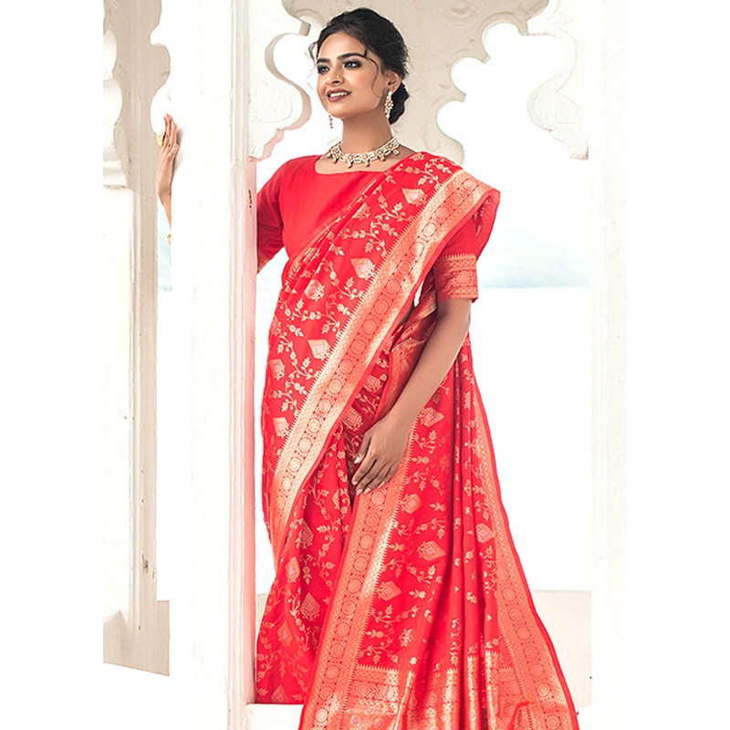 Red Spun Silk Saree With Blouse Piece - JD986596129