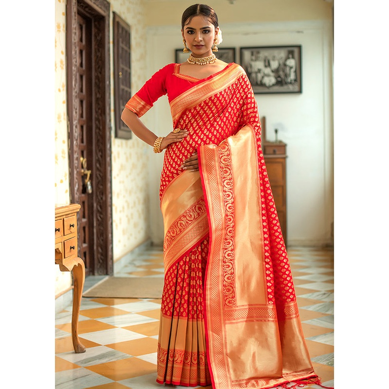 Red Spun Silk Saree With Blouse Piece - JD986596131