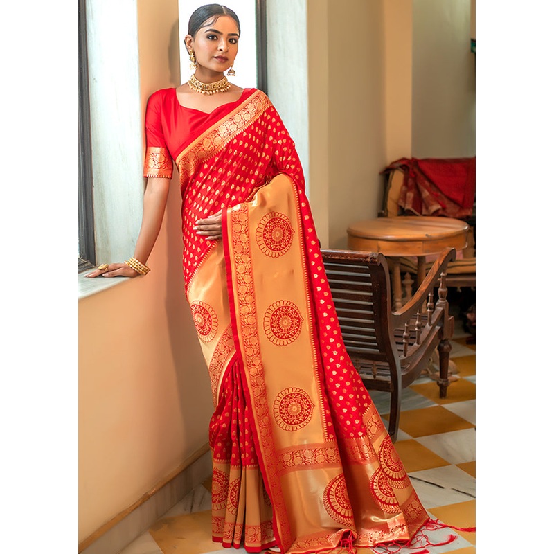Red Spun Silk Saree With Blouse Piece - JD986596132
