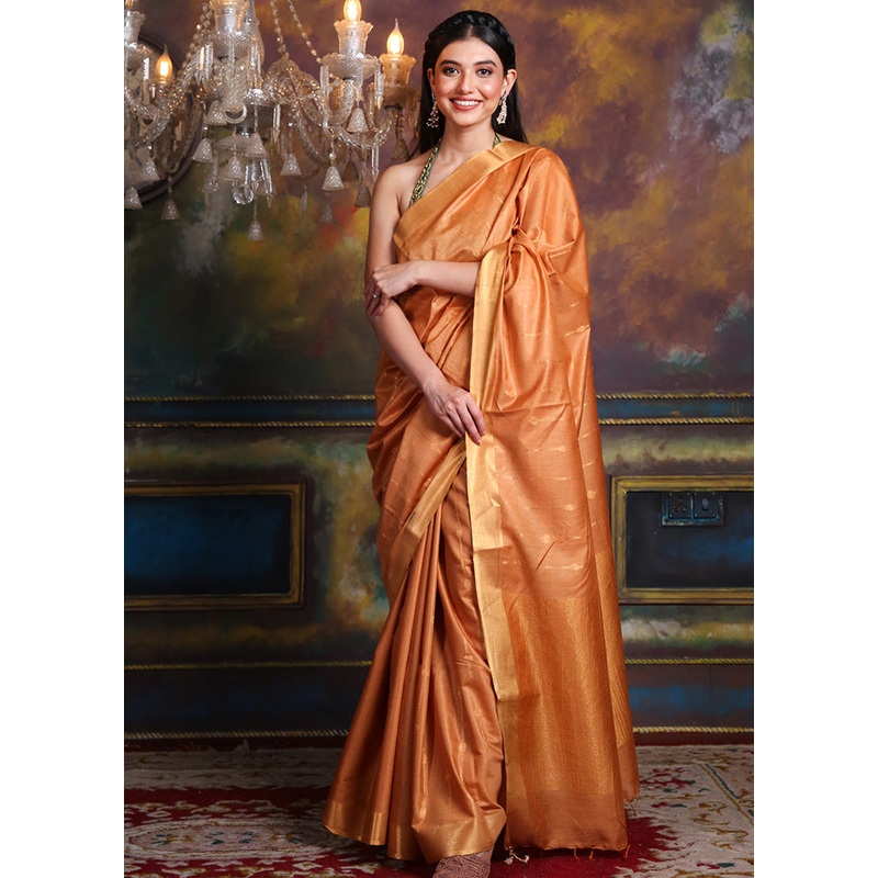Rust Spun Silk Saree With Blouse Piece - JD986596091