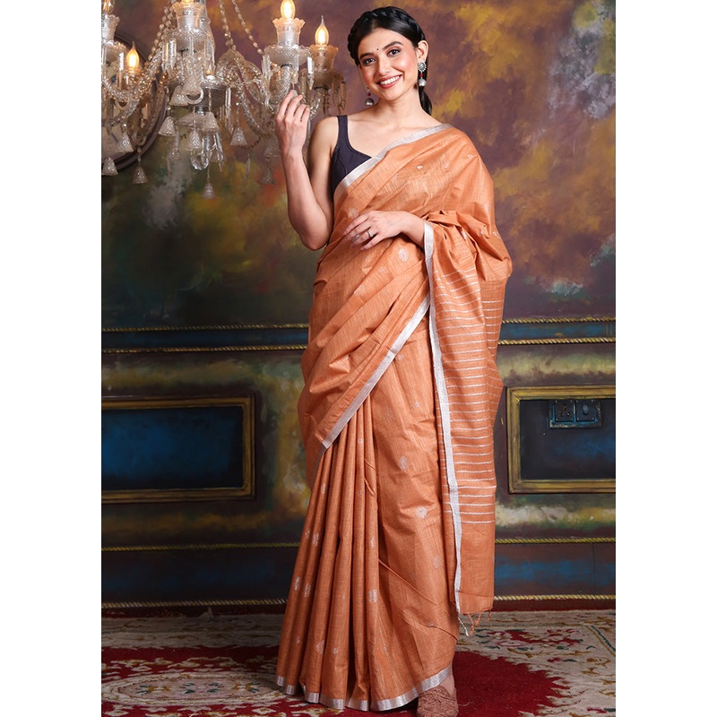 Rust Spun Silk Saree With Blouse Piece - JD986596095