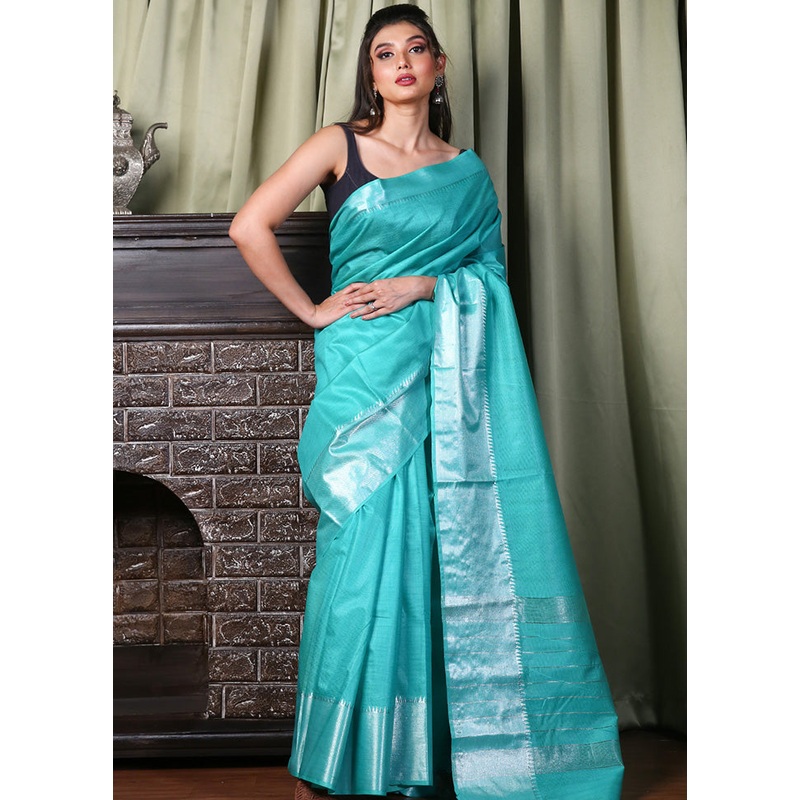 Sea Green Spun Silk Saree With Blouse Piece - JD986596103