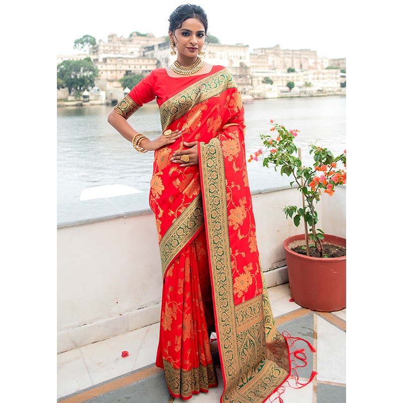 Tomato Red Spun Silk Saree With Blouse Piece - JD986596126