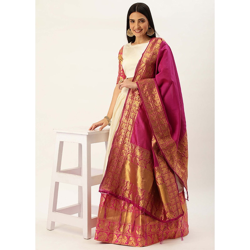 White Silk Semi Stitched Lehenga Set - JD986596022
