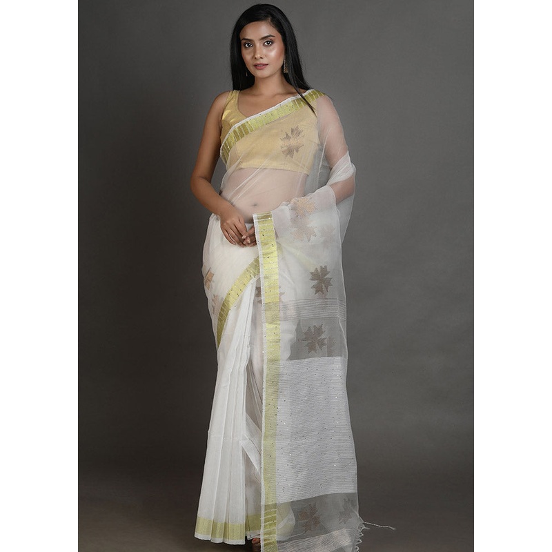 White Spun Silk Saree With Blouse Piece - JD986596119