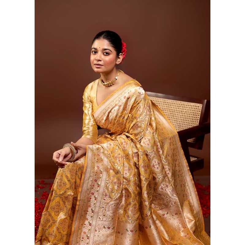 Yellow Handloom Katan Pure Silk Saree With Blouse Piece - JD986595958