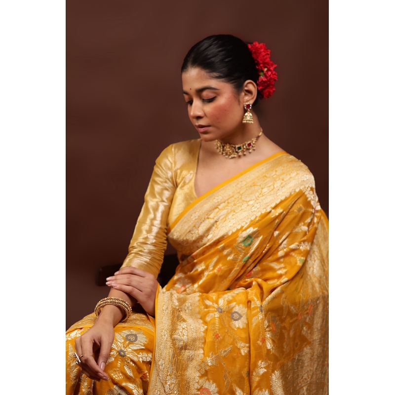 Yellow Handloom Pure Georgette Saree With Blouse Piece - JD986595956