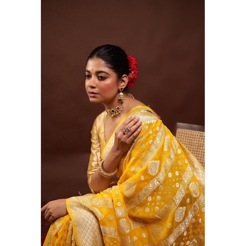 Yellow Handloom Pure Georgette Saree With Blouse Piece - JD986595957