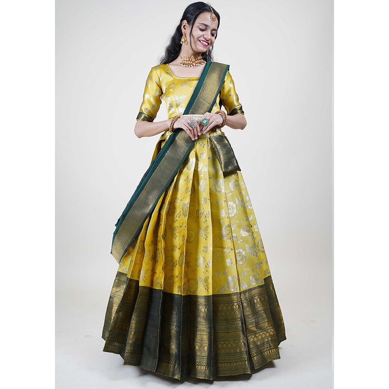 Yellow Silk Semi Stitched Lehenga Set - JD986596017