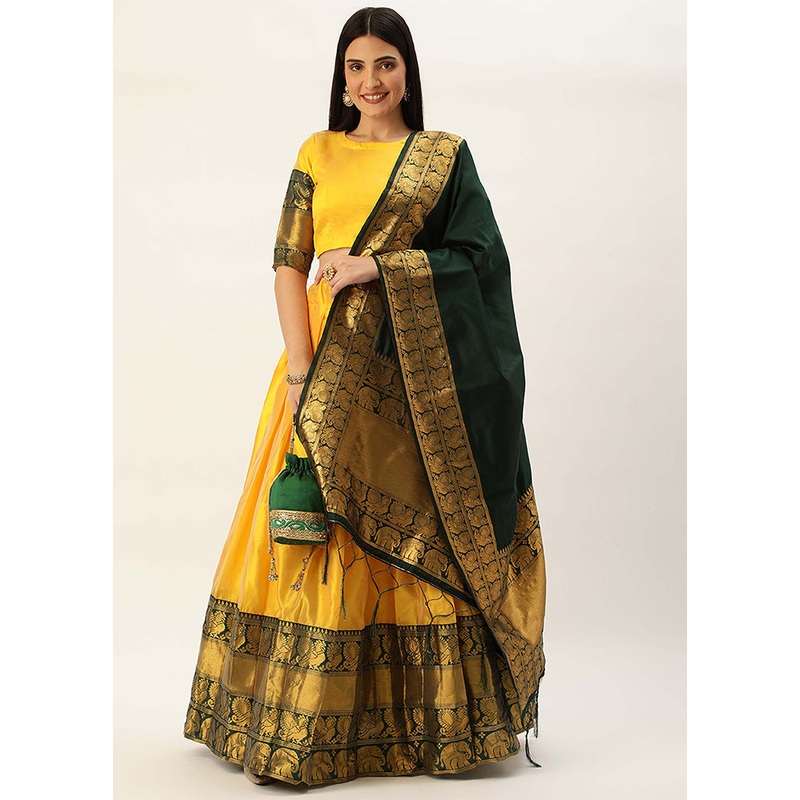Yellow Silk Semi Stitched Lehenga Set - JD986596018