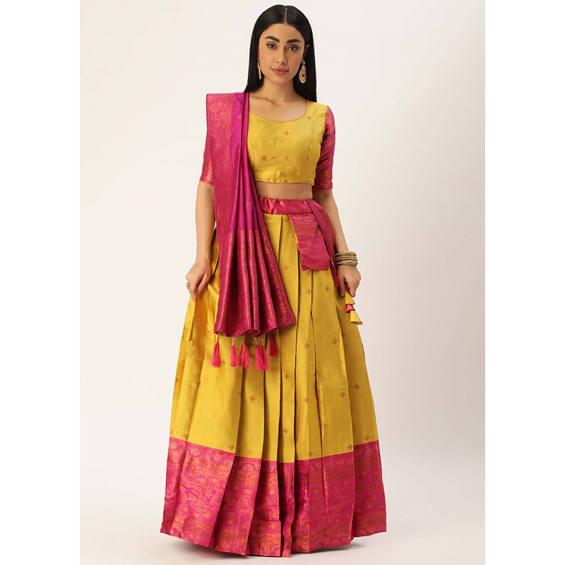 Yellow Silk Semi Stitched Lehenga Set - JD986596019