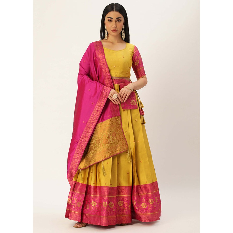 Yellow Silk Semi Stitched Lehenga Set - JD986596020