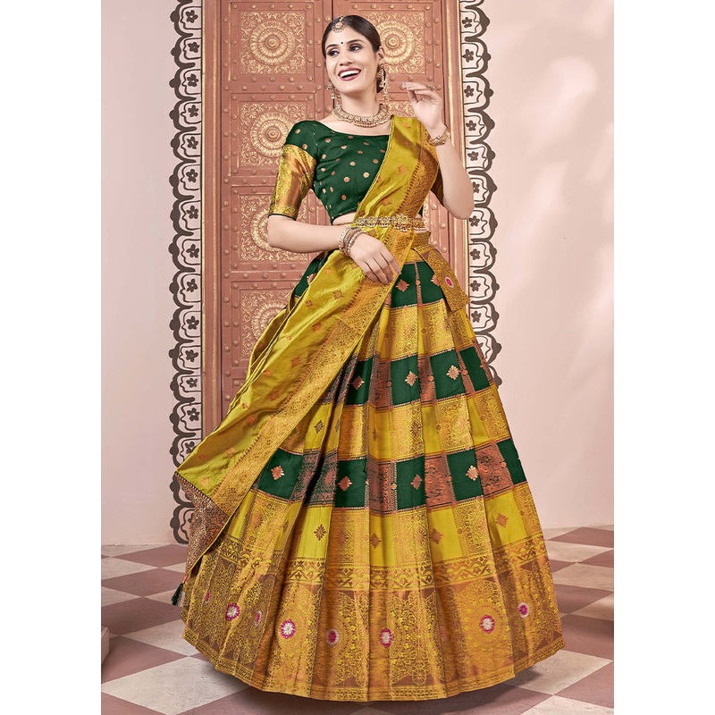Yellow Silk Semi Stitched Lehenga Set - JD986596021