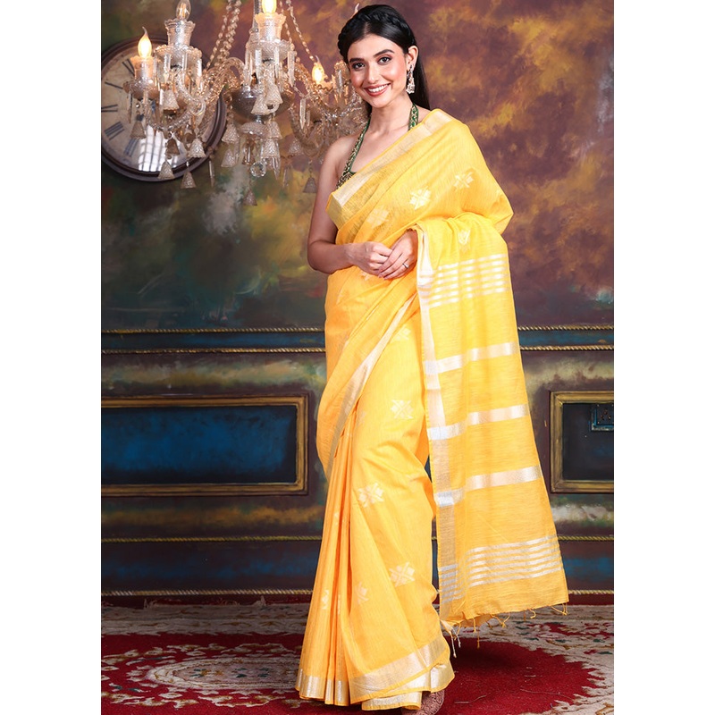 Yellow Spun Silk Saree With Blouse Piece - JD986596087