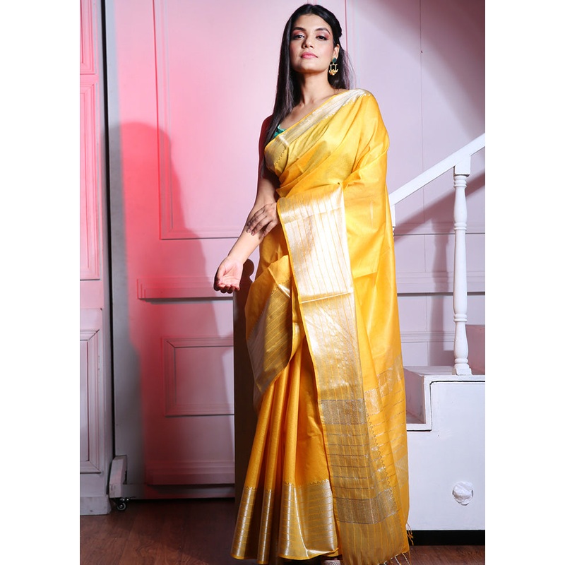 Yellow Spun Silk Saree With Blouse Piece - JD986596098