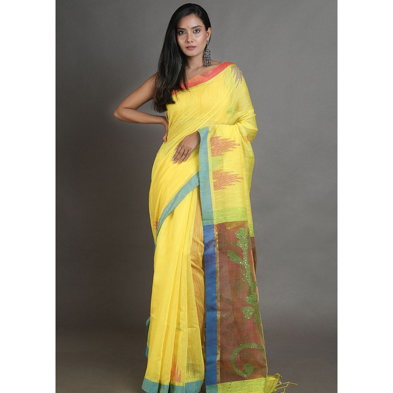 Yellow Spun Silk Saree With Blouse Piece - JD986596114