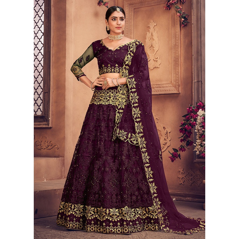 3 Pc Purple Net Semi Stitched Lehenga Set - JD986595940