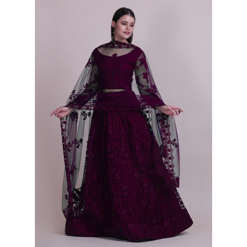 3 Pc Purple Net Semi Stitched Lehenga Set - JD986595941