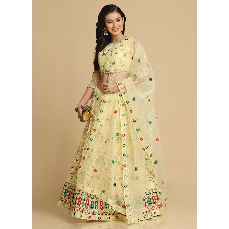 3 Pc Yellow Net Semi Stitched Lehenga Set - JD986595938