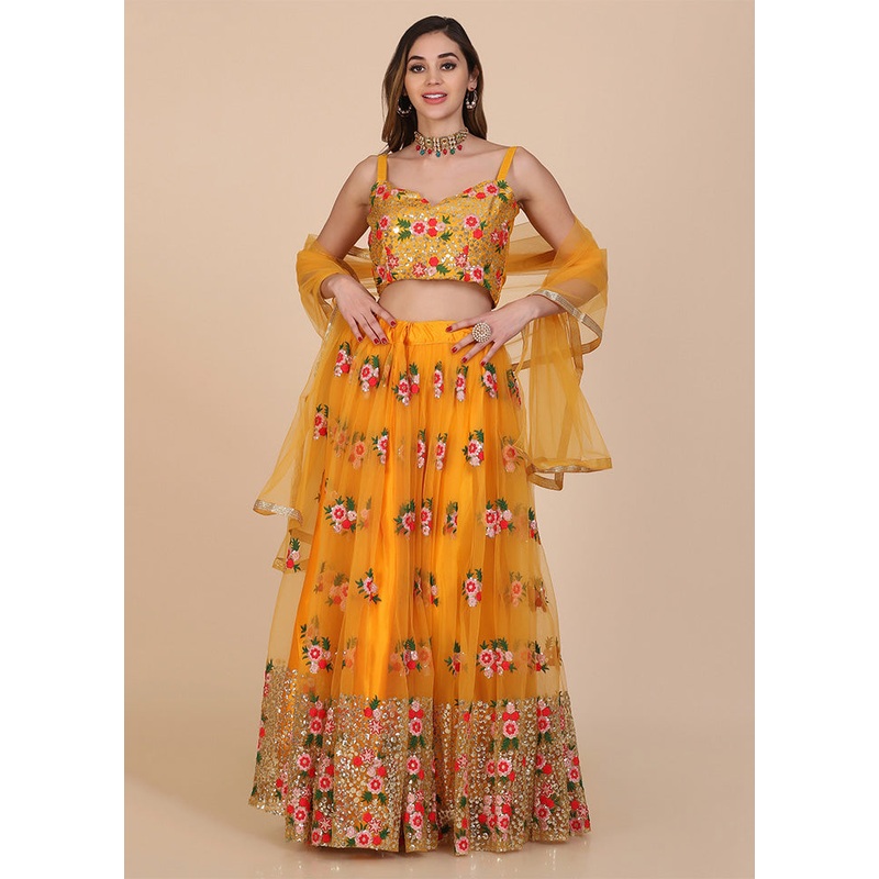3 Pc Yellow Net Semi Stitched Lehenga Set - JD986595939