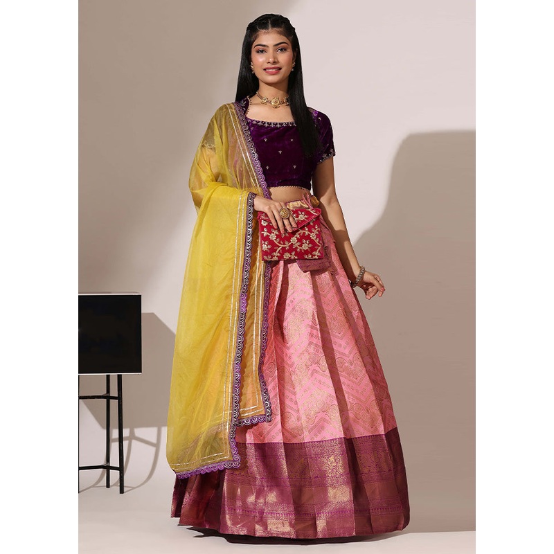 Baby Pink Silk Semi Stitched Lehenga Set - JD986595922