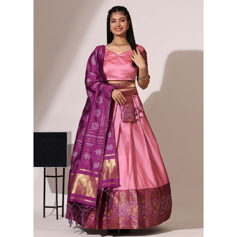 Baby Pink Silk Semi Stitched Lehenga Set - JD986595923