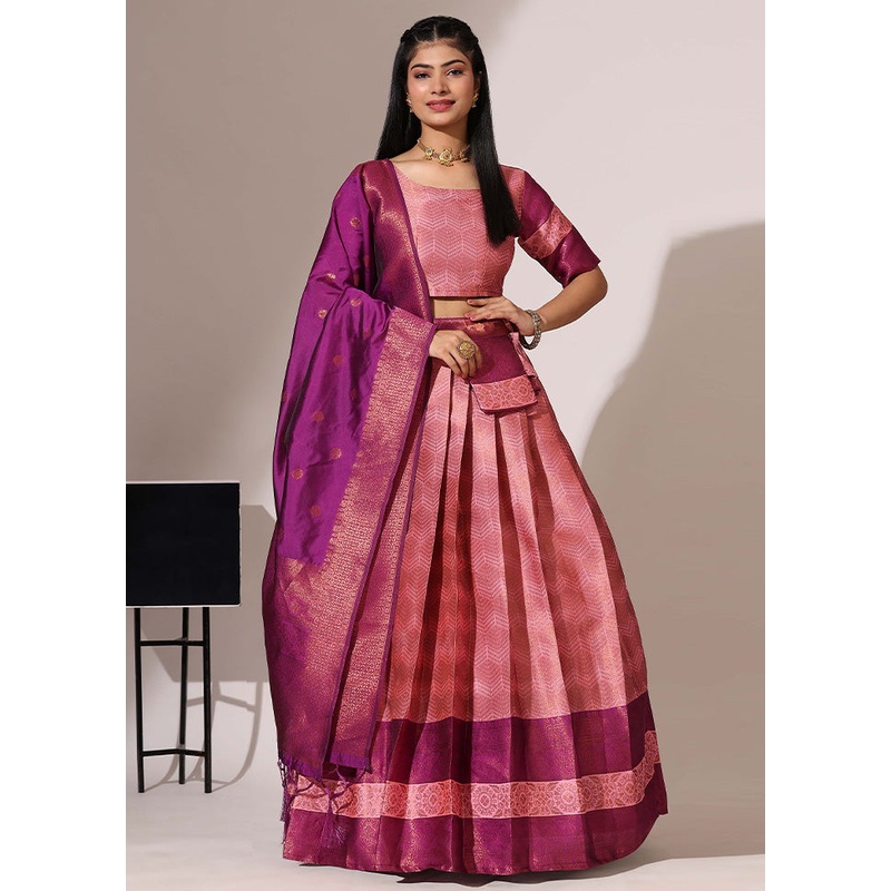 Baby Pink Silk Semi Stitched Lehenga Set - JD986595924