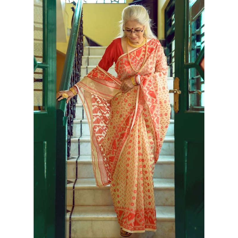 Beige Cotton Jamdani Saree Without Blouse Piece - JD986595754