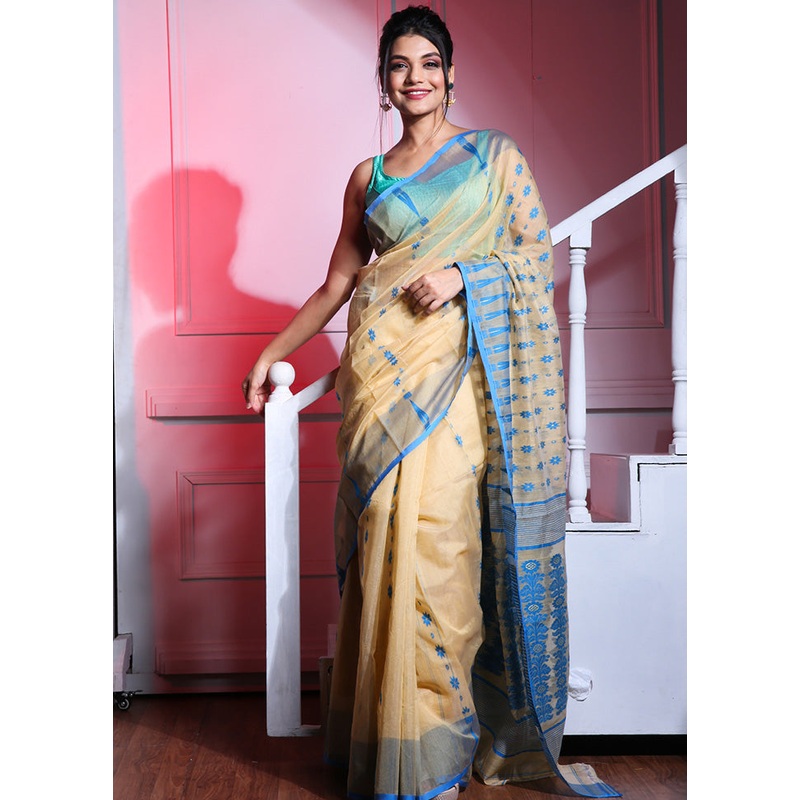 Beige Cotton Tant Jamdani Saree Without Blouse Piece - JD986595735