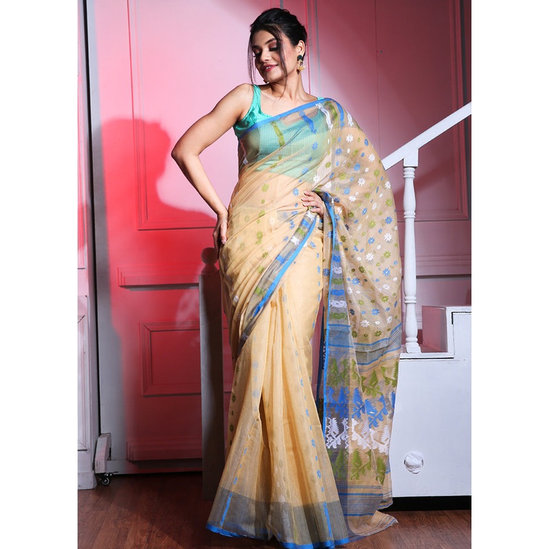 Beige Cotton Tant Jamdani Saree Without Blouse Piece - JD986595744
