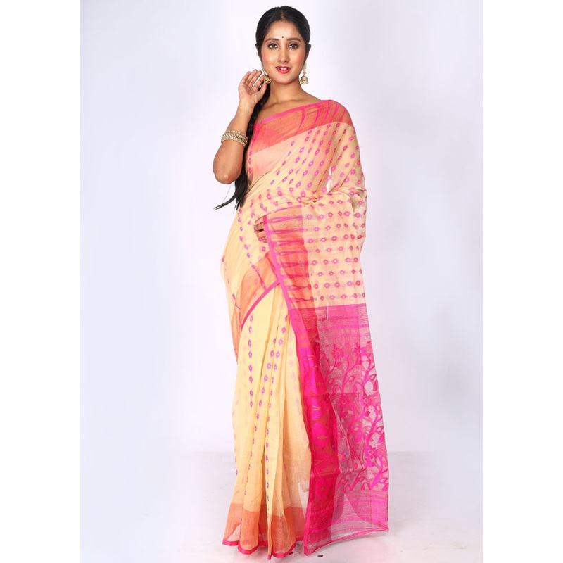 Beige Tant Jamdani Saree Without Blouse Piece - JD986595748
