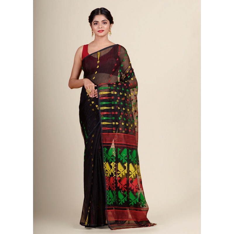 Black Cotton Handwoven Jamdani Saree - JD986595771