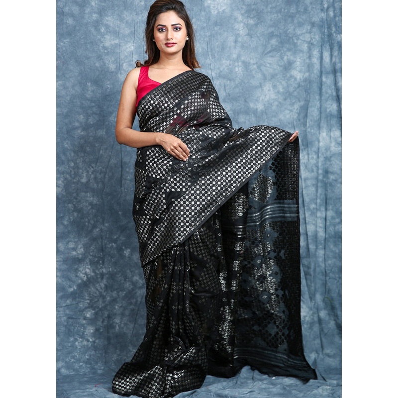 Black Jamdani Geometric Design Woven Saree - JD986595765