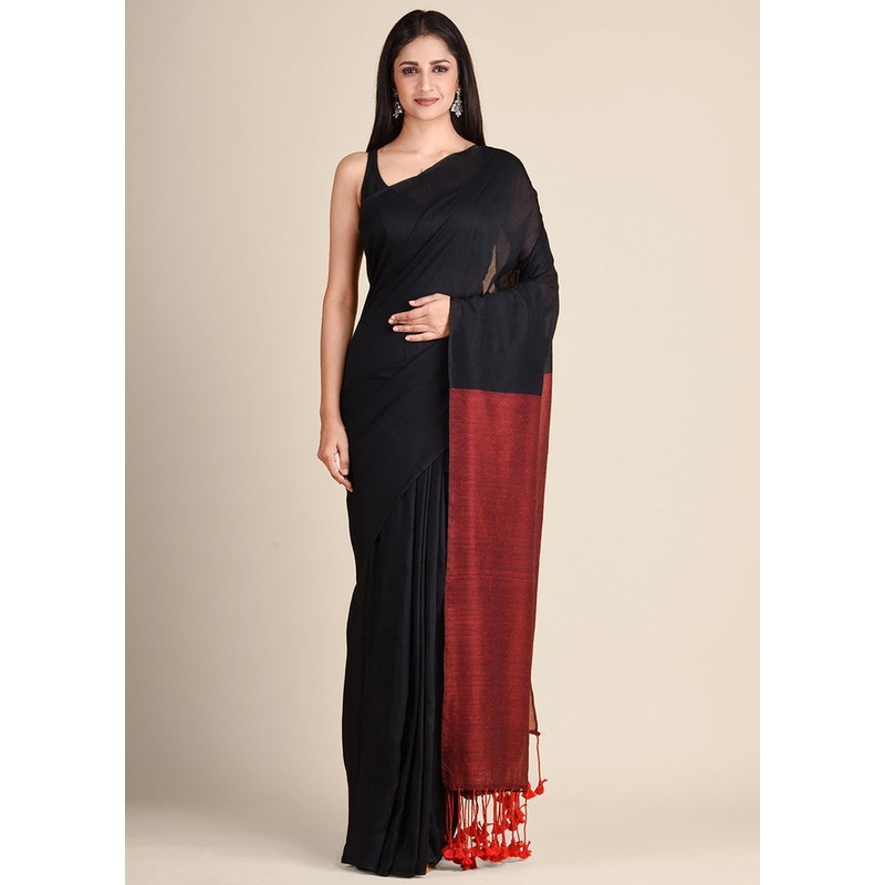 Black Pure Cotton Handloom Saree With Blouse - JD986595788